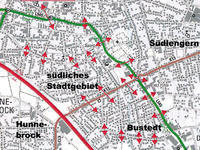 Bild vergrern: Das Bild zeigt einen  Ausschnitt des Stadtplans mit Markierungen zur fuverkehrlichen Anbindung des sdlichen Stadtgebietes (Bustedt und Bnde-Sd) an das Stadtzentrum.