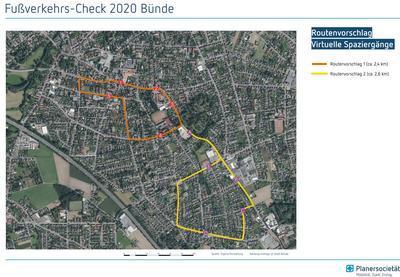 Bild vergrern: Das Bild zeigt die Darstellung der orangen und gelben Route dem Stadtplan Bnde.